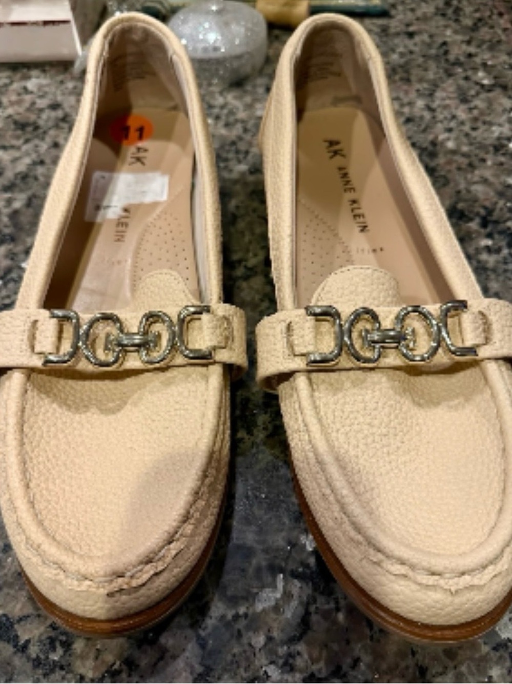 Anne Klein Cream Textured Loafers with Gold Bit Accents